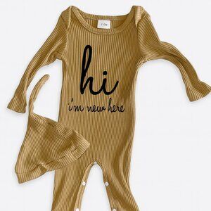 Ribbed Romper & Hat Set 3-6M Hi I’m New Here Neutral Outfit Long Sleeve-KC117